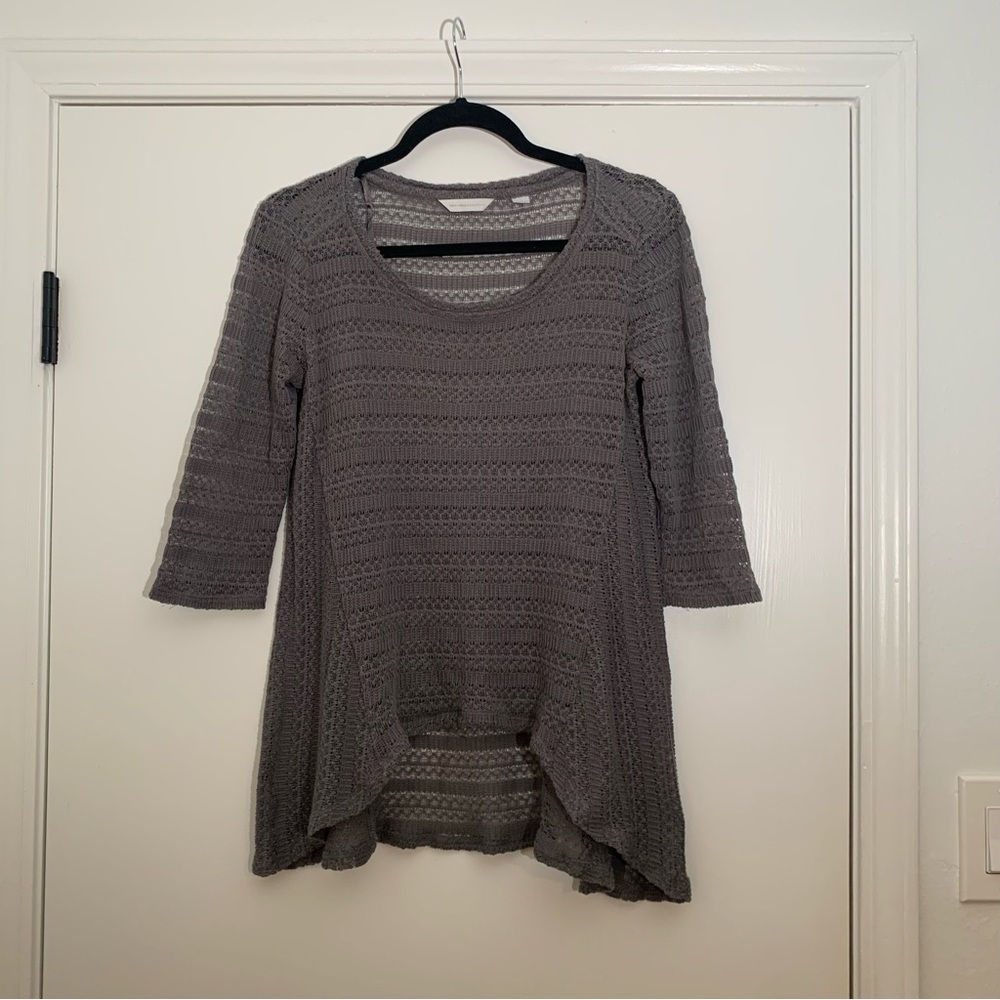 NYCO Flowy Sweater High Low Gray Sz Small Detailed Sheer Knit Elbow Sleeves